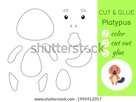 Color, cut and glue paper little platypus. Cut and paste crafts activity page. Educational game for preschool children. DIY worksheet. Kids logic game, puzzle. Vector stock illustration.