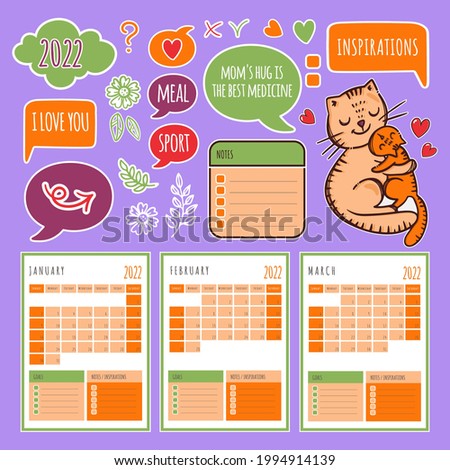 CAT PLANNER WINTER 2022 Template Schedule And Collection With Design Elements For A Three Months For Printable And Plotter Cutting Clip Art Vector illustration Set