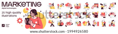 Social Media Marketing illustrations. Mega set. Collection of scenes with men and women taking part in business activities. Trendy vector style Royalty-Free Stock Photo #1994926580