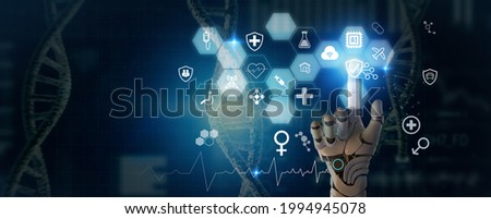 Finger Robot  touch on virtual screen of insurance technology, health family car money travel, Insurtech concept to use AI for  customer analysis, customize service. Future insurance industry growing