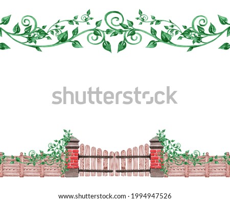Country frame with place for text. Bodyur gate, brick pillars, wooden fence. Green branch garland of climbing plant with leaves. Hand drawn watercolor illustration on white background.