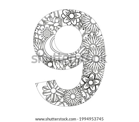 Adult coloring page with number 9 . Ornamental font