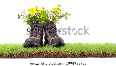 Hiking Shoes on Grass, isolated on white background. Royalty-Free Stock Photo #1994955935