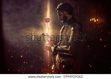 The era of romanticism. Portrait of a noble knight in armor with a red rose in his hands standing in a castle. Royalty-Free Stock Photo #1994959262