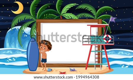 Kids on summer vacation at the beach night scene with an empty banner template illustration