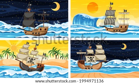 Set of Ocean with Pirate ship at different times scenes  in cartoon style illustration