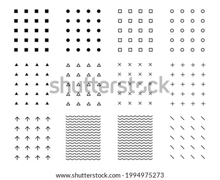 Vector graphic elements on isolated background. Grids of points, lines, squares, rings, triangles, arrows, crosses, waves, zigzags