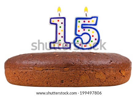 birthday cake with candles number fifteen isolated on white background