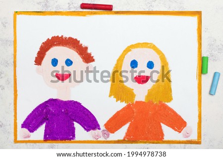 Colorful drawing:  Happy heterosexual relationship. Smiling man and woman holding heands. Couple in love or friends 