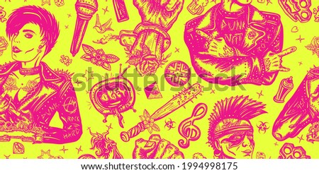 Punk lifestyle. Seamless pattern. Punker with mohawk, electric guitar, rock woman. Hooligans. Anarchy art. Music concept. Rock culture musical background 