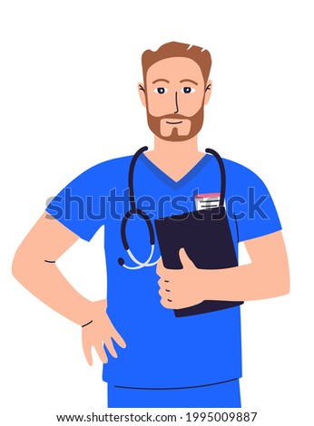 Portrait of young male doctor, healthcare and medical concept. Vector flat illustration