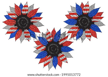 Sunflower in color of national American flag. Independence day clip art pack on white background