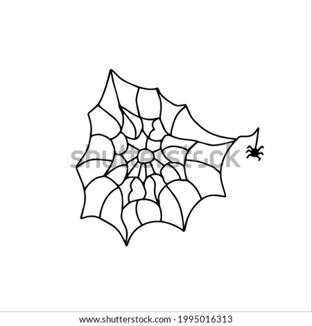 Cute little spider in his web. Halloween holiday concept. Black outline doodle. Vector illustration, flat, clip art, linear.