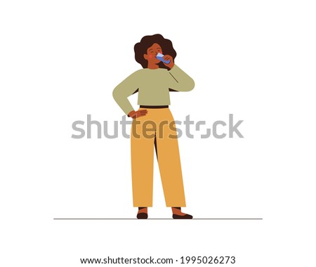 Black woman drinks water from a glass with pleasure. African American girl quenching thirst at home or in office. Concept of healthy lifestyle and prevention of dehydration. Vector illustration