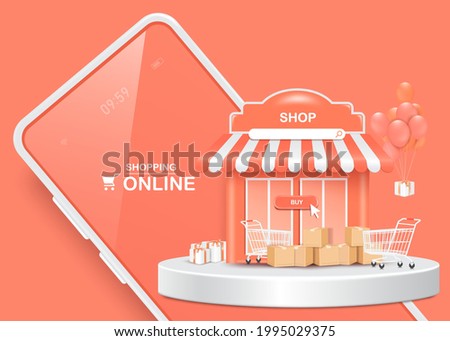Gift boxes, parcel boxes, shopping carts, and shops and all object is on a smartphone for delivery and shopping online concept,vector 3d isolated on pastel pink background Royalty-Free Stock Photo #1995029375