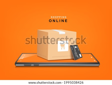 A parcel box with a shopping cart image. and credit cards placed on smartphones and all object on orange background for delivery and shopping online concept,vector 3d for shopping on application Royalty-Free Stock Photo #1995038426