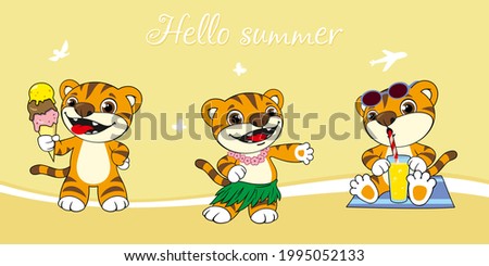 Hello summer 2022. Vector illustration of tiger cubs from three summer months