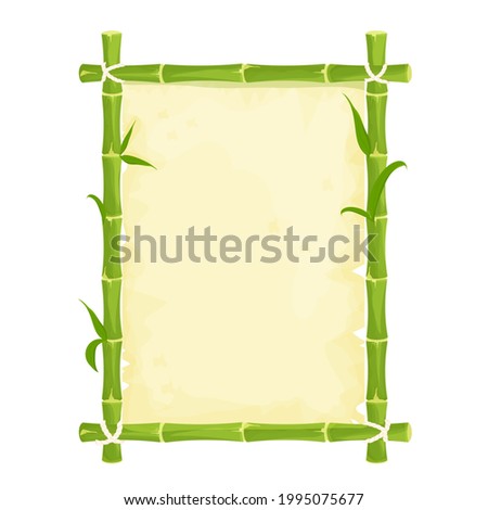 Green bamboo frame with leaves and old parchment, rope in cartoon style isolated on white background. Asian, tropical decoration, border. . Vector illustration