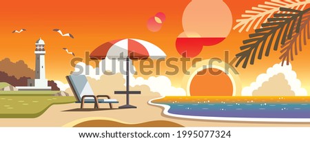 Illustration material of the sea, the lighthouse and the beach chair