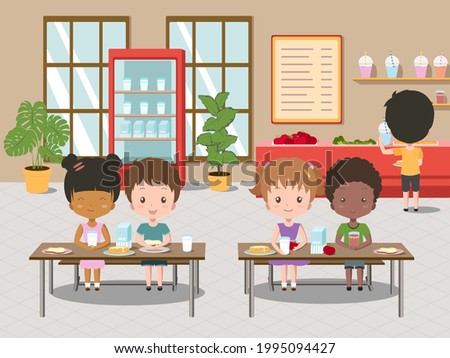 Children eat in school canteen. Vector cartoon illustration of cafeteria interior with tables, chairs. Cartoon kids eating breakfast at school clip art.