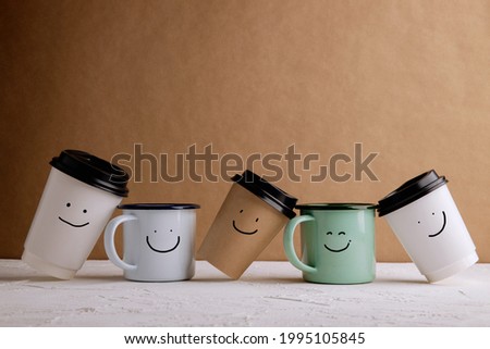 Zero Waste Products. Set of Happy Recycle Coffee Cup. Reduce Plastic Packaging. Environment, Ecology Care, Renewable Concept. Smiling Face Cartoon drawn on it