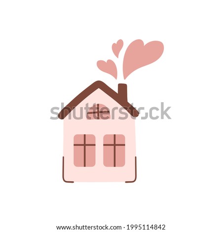 Cute home with hearts from a pipe. Valentine's day greeting card creative design on white background. Vector hand drawn illustration	