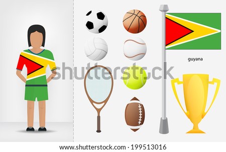 Guyanese sportswoman with sport equipment collection vector illustrations