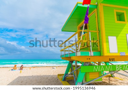 Colorful lifeguard tower in world famous South Beach. Miami Beach, USA