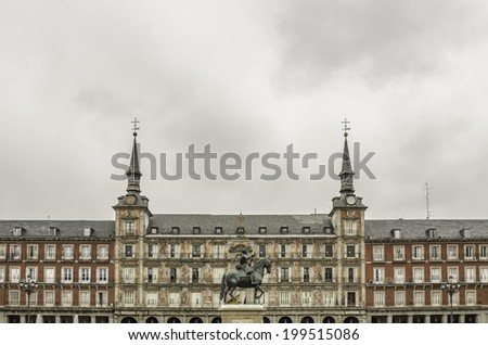 The Plaza Mayor was built during Philip III's reignand is a central plaza in the city of Madrid, Spain.Includes an equestrian statue of king Philip III