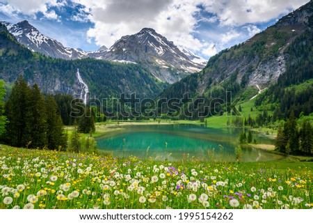 idyllic Lake Lauenensee with Wildhorn in spring, Bernese Alps, Switzerland Royalty-Free Stock Photo #1995154262