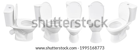 Toilet on white background. Close up of toilet. White toilet bowl isolated. Set of toilet bowls. Royalty-Free Stock Photo #1995168773