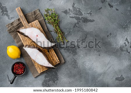 Piece of fresh raw halibut fish set, with ingredients and rosemary herbs, on gray stone table background, top view flat lay, with copy space for text