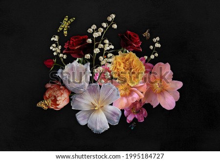 Luxurious baroque and victorian bouquet. Beautiful garden flowers, leaves and butterfly on black background. Pink and white peonies, roses. Vintage illustration. Floral decoration advertising material Royalty-Free Stock Photo #1995184727
