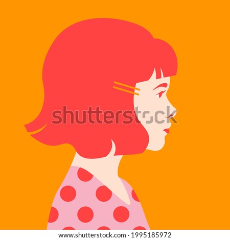 The face of a redheaded European girl in profile. Avatar. The portrait of the child. Side view. Vector flat illustration Royalty-Free Stock Photo #1995185972