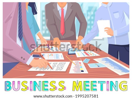 Businessman signs documents near table with reports and statistical data. Business meeting in office. Hands point their fingers at tablet screen and information sheet, shows facts on diagram at work