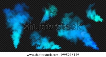 Realistic blue colorful smoke clouds, mist effect. Colored fog on dark background. Vapor in air, steam flow. Vector illustration.