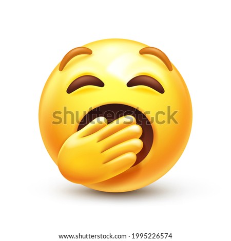 Yawning emoji. Bored or sleepy emoticon, yellow boredom face with mouth covered by hand 3D stylized vector icon Royalty-Free Stock Photo #1995226574