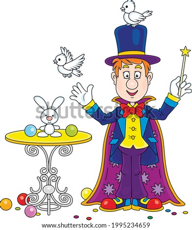 Artful circus magician illusionist with a mysterious hat and a magic wand, conjuring tricks with a small white rabbit and birds in an entertaining show on a stage, vector cartoon illustration