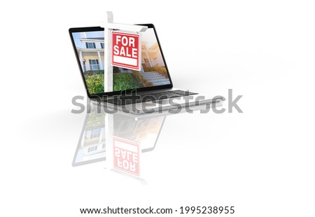 For Sale Real Estate Sign on Computer Laptop Isolated on a White Background with Reflection.