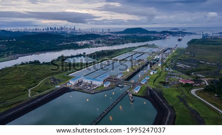 Beautiful aerial view of the Panama Canal and the Miraflores Locks Royalty-Free Stock Photo #1995247037