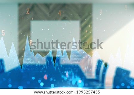 Multi exposure of abstract virtual graphic data spreadsheet sketch on a modern furnished classroom background, analytics and analysis concept