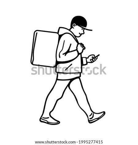 Delivery man walking. Courier  on foot with parcel box checking order with smartphone. Online delivery service. Hand drawn black and white vector illustration isolated on white.