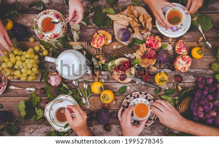 Autumn tea time pic-nic with autumn fruits
