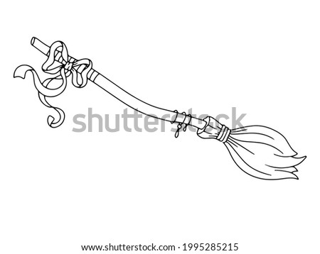 Broom for the witch. Magic item. Magic. Halloween doodles. Vector illustration isolated on white background
