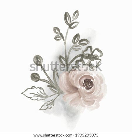 Watercolor Floral Illustration. Abstract Branch of Flowers Clip Art. Botanic Composition for Greeting Card or Invitation. White Rose.