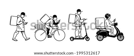 Delivery men walking, riding bicycle, electric scooter, motorbike. Couriers with parcel box checking order with smartphone. Online delivery service set Hand drawn black and white vector illustration.