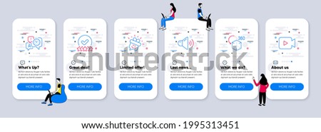 Technology icons set. UI phone app screens with teamwork. Included icon as Smile, Time management, Augmented reality signs. Loud sound, Rating stars, Video camera line icons. Vector