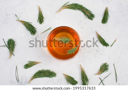 Pine needle tea in a cup on a white textured background, empty copy space for text Royalty-Free Stock Photo #1995317633