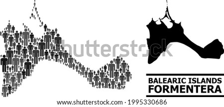 Map of Formentera Island for social agitation. Vector demographics collage. Pattern map of Formentera Island combined of social pictograms. Demographic concept in dark gray color tones.