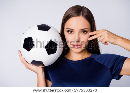 Close-up portrait of her she nice-looking attractive pretty tanned straight-haired girl holding on palm ball touching face life change enhancement isolated on light white gray pastel color background